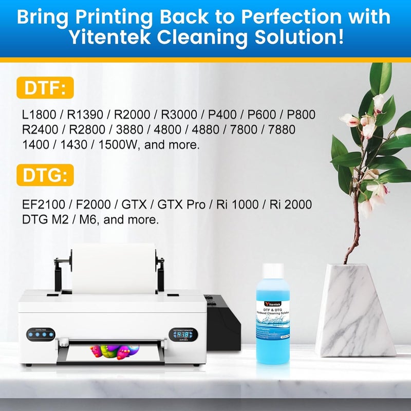 Yitentek محلول تنظيف رأس الطباعة DTF - مجموعة منظف رأس الطباعة العالمية لأي طابعات DTF و DTG، مجموعة تنظيف رأس الطباعة لطابعات Epson ET8550 L1800 XP15000 R1390 XP600 4720 i3200 i1600 5113 (100 مل)  - Image 5